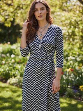 Talbots Navy/White Chevron V-Neck Wrap Dress 3/4|Size L